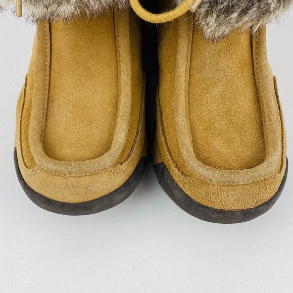 Womens 7B Land's End Winter Ankle Boots Tan Suede‎ Leather Faux Fur Moc Toe - Picture 4 of 9